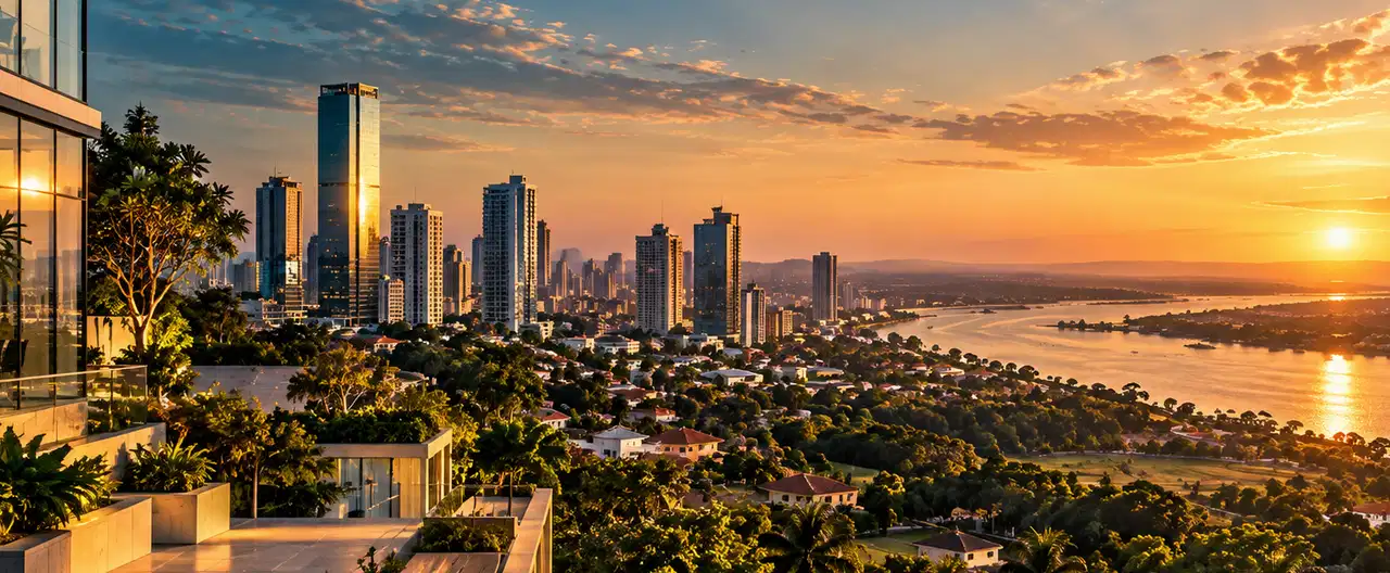 Paisagem imobiliária ilustrativa por IA para a página ABAS Inmobiliaria - Ñemby: perfil de imobiliária e contatos | InmueblesPY; não representa imóvel anunciado