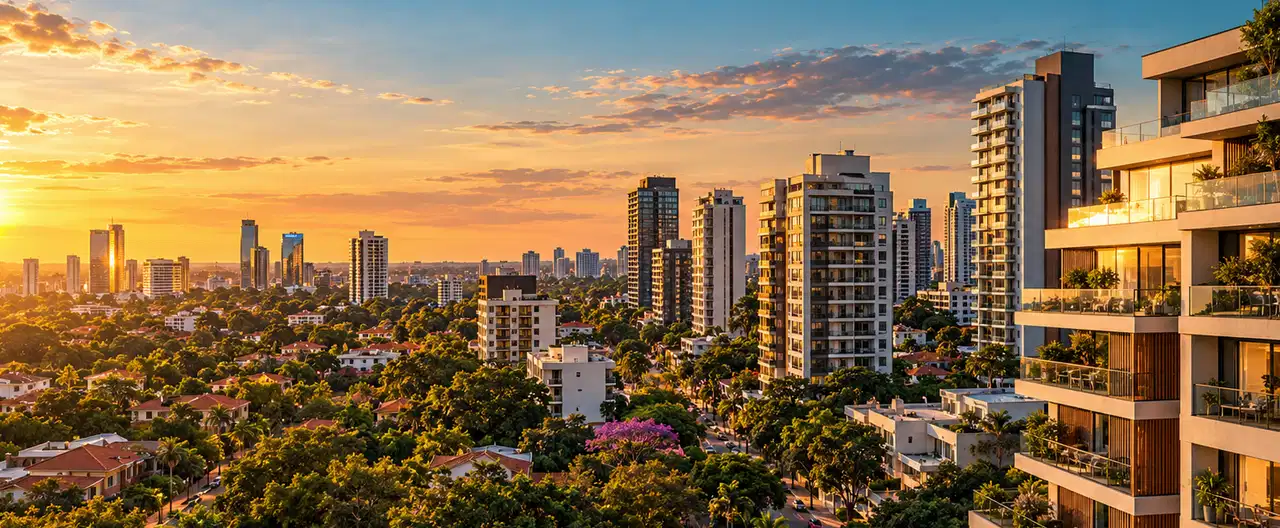 Paisagem imobiliária ilustrativa por IA para a página ABAS Inmobiliaria — Sucursal Acceso Sur: perfil de imobiliária e contatos | InmueblesPY; não representa imóvel anunciado