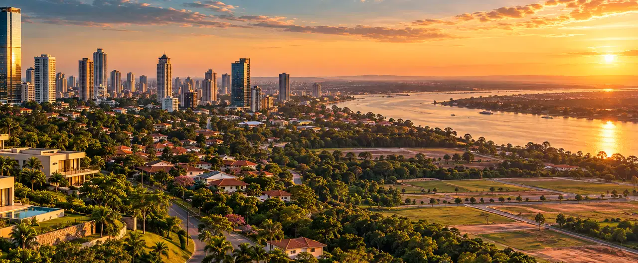 Paisagem imobiliária ilustrativa por IA para a página ABAS Inmobiliaria — Sucursal Salto del Guairá: perfil de imobiliária e contatos | InmueblesPY; não representa imóvel anunciado