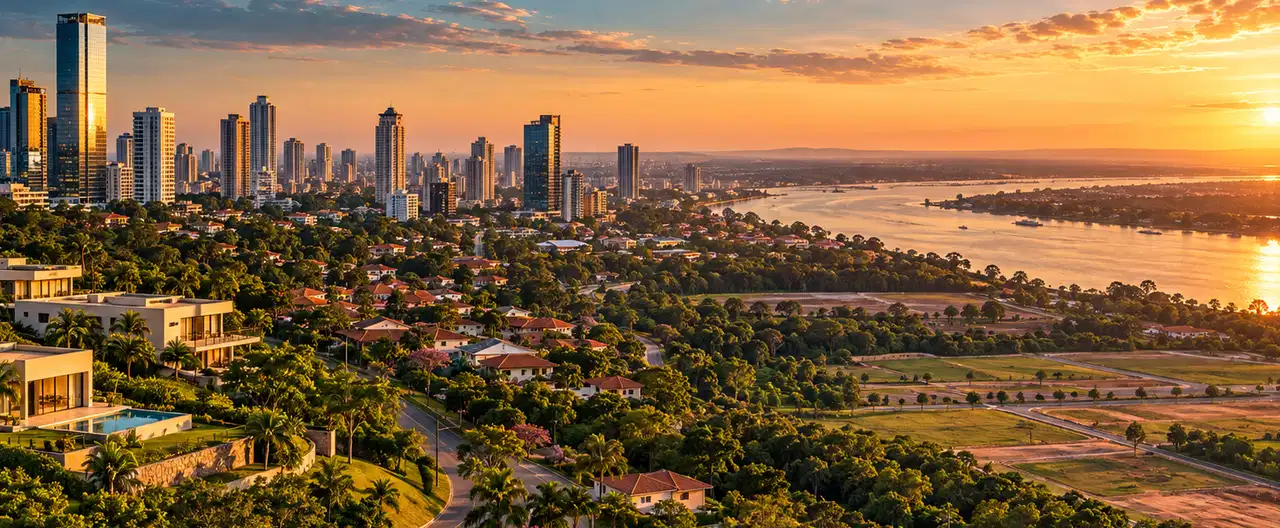 Paisagem imobiliária ilustrativa por IA para a página Akram House Inmobiliaria y Constructora: perfil de imobiliária e contatos | InmueblesPY; não representa imóvel anunciado