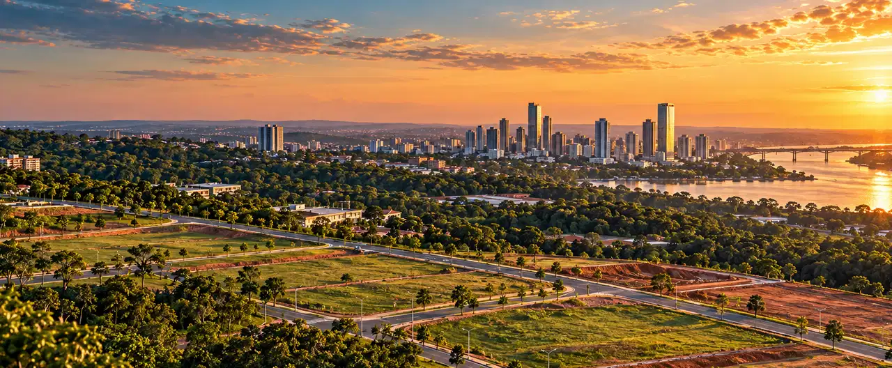 Paisagem imobiliária ilustrativa por IA para a página Alma Terrenos - Limpio: perfil de imobiliária e contatos | InmueblesPY; não representa imóvel anunciado