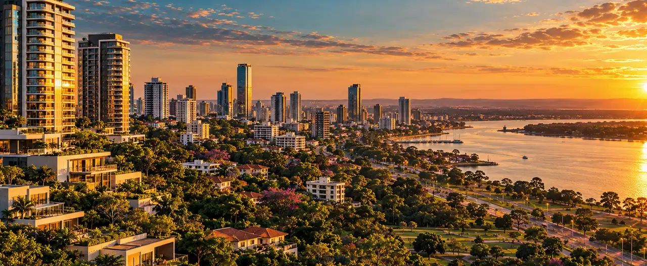 Paisagem imobiliária ilustrativa por IA para a página Apartamentos à venda em Abaí: guia e imobiliárias | InmueblesPY; não representa imóvel anunciado