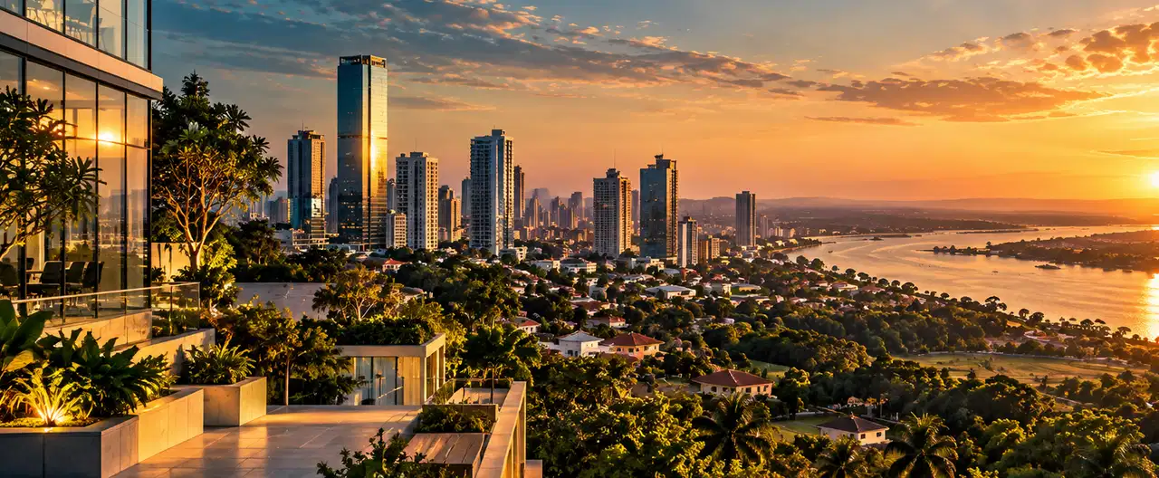 Paisagem imobiliária ilustrativa por IA para a página Apartamentos à venda em Alberdi: guia e imobiliárias | InmueblesPY; não representa imóvel anunciado