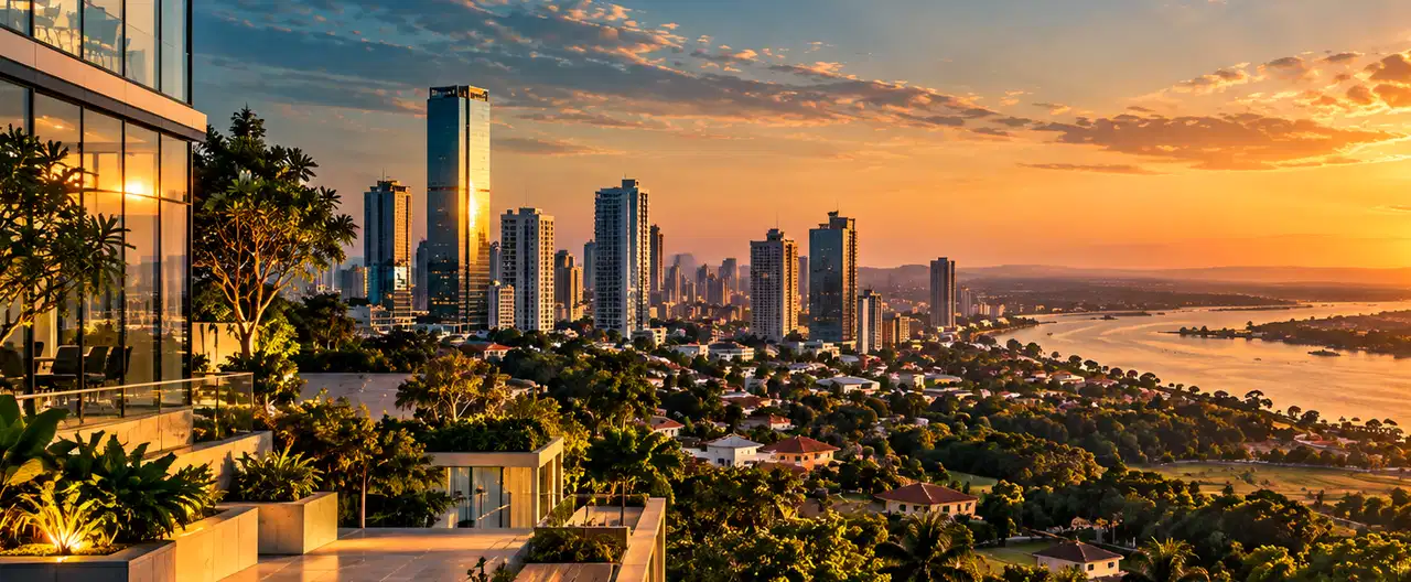 Paisagem imobiliária ilustrativa por IA para a página Apartamentos à venda em Areguá: guia e imobiliárias | InmueblesPY; não representa imóvel anunciado