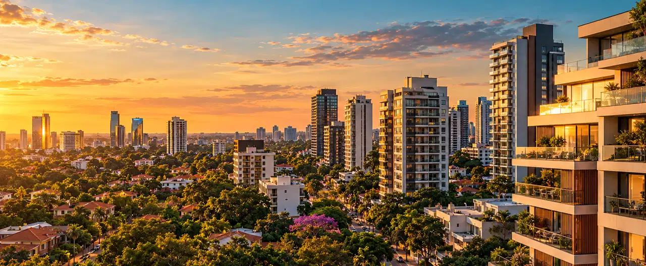 Paisagem imobiliária ilustrativa por IA para a página Apartamentos à venda em Arroyito: guia e imobiliárias | InmueblesPY; não representa imóvel anunciado