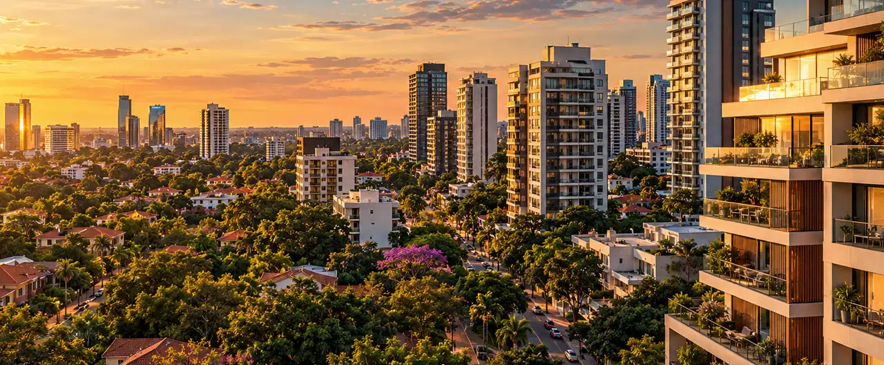 Paisagem imobiliária ilustrativa por IA para a página Apartamentos à venda em Bella Vista Sur: guia e imobiliárias | InmueblesPY; não representa imóvel anunciado
