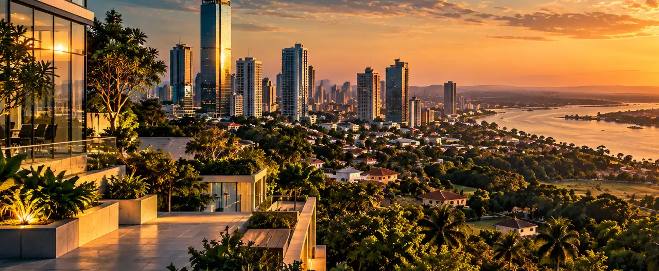 Paisagem imobiliária ilustrativa por IA para a página Apartamentos à venda em Benjamín Aceval: guia e imobiliárias | InmueblesPY; não representa imóvel anunciado