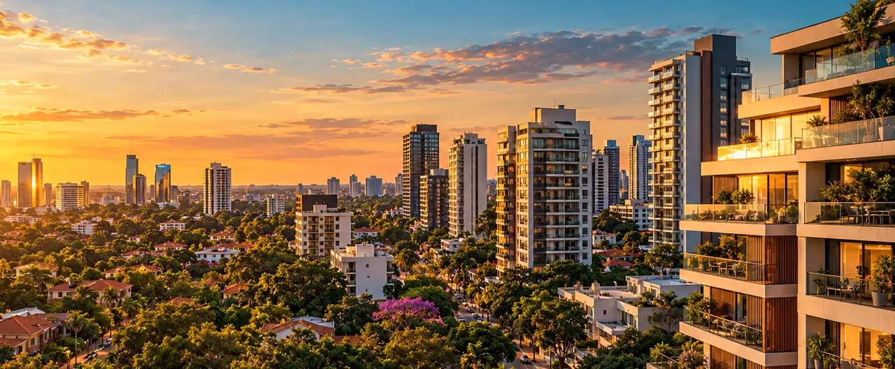 Paisagem imobiliária ilustrativa por IA para a página Apartamentos à venda em Caacupé: guia e imobiliárias | InmueblesPY; não representa imóvel anunciado