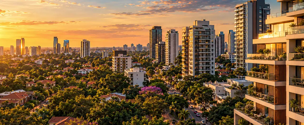 Paisagem imobiliária ilustrativa por IA para a página Apartamentos à venda em Cambyretá: guia e imobiliárias | InmueblesPY; não representa imóvel anunciado