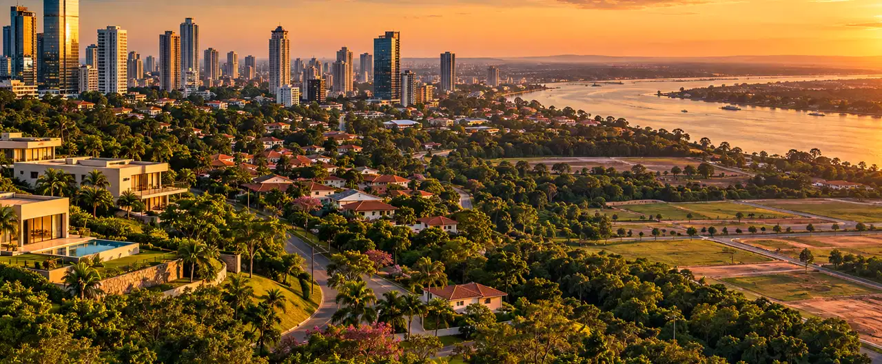 Paisagem imobiliária ilustrativa por IA para a página Apartamentos à venda em Campo Aceval: guia e imobiliárias | InmueblesPY; não representa imóvel anunciado