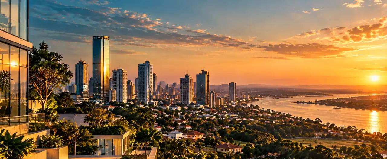 Paisagem imobiliária ilustrativa por IA para a página Apartamentos à venda em Capiatá: guia e imobiliárias | InmueblesPY; não representa imóvel anunciado
