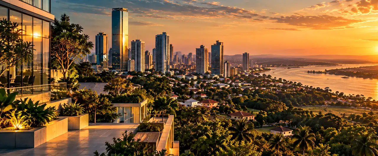 Paisagem imobiliária ilustrativa por IA para a página Apartamentos à venda em Capitán Mauricio José Troche: guia e imobiliárias | InmueblesPY; não representa imóvel anunciado