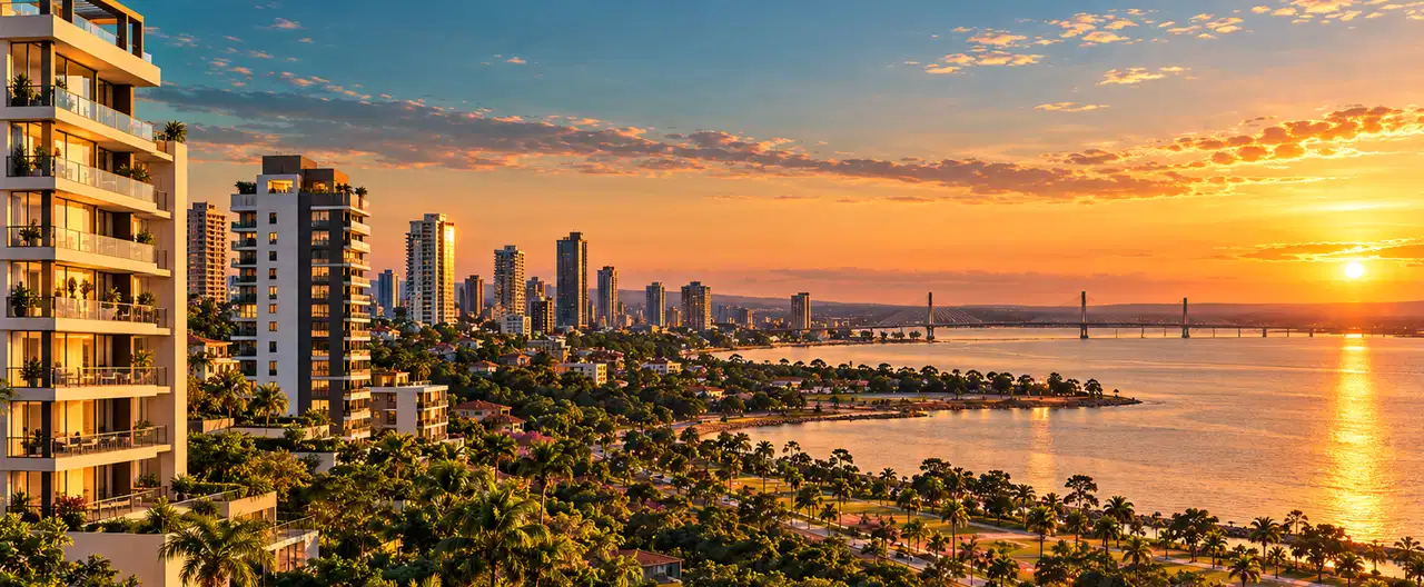 Paisagem imobiliária ilustrativa por IA para a página Apartamentos à venda em Capitán Meza: guia e imobiliárias | InmueblesPY; não representa imóvel anunciado