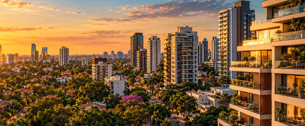 Paisagem imobiliária ilustrativa por IA para a página Apartamentos à venda em Caraguatay: guia e imobiliárias | InmueblesPY; não representa imóvel anunciado