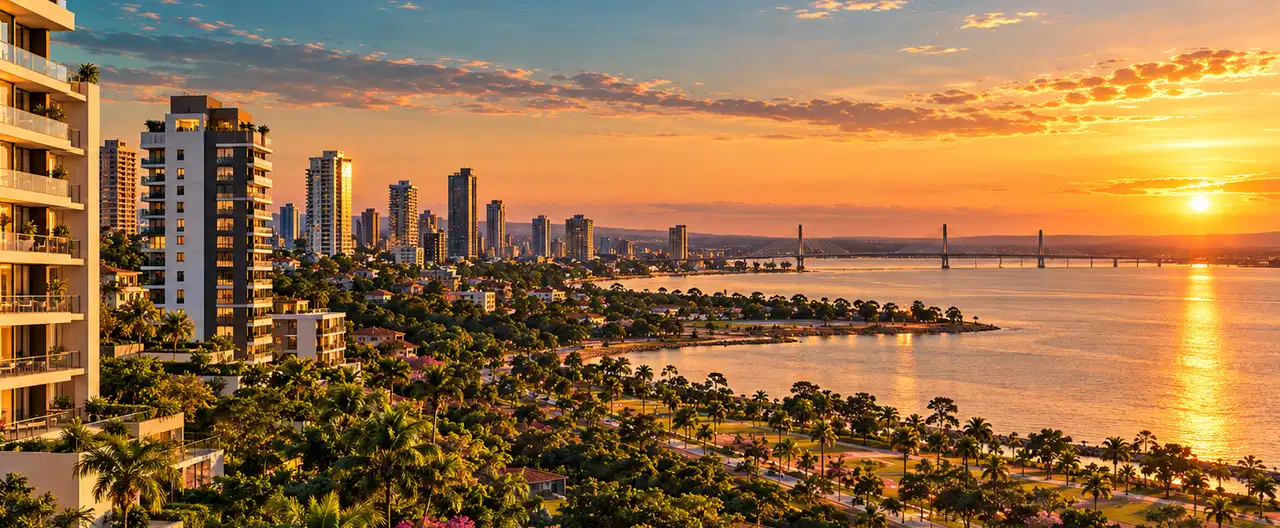 Paisagem imobiliária ilustrativa por IA para a página Apartamentos à venda em Carapeguá: guia e imobiliárias | InmueblesPY; não representa imóvel anunciado