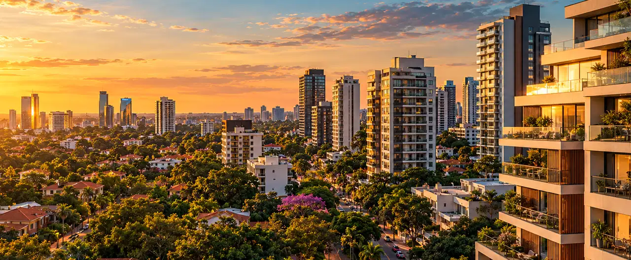 Paisagem imobiliária ilustrativa por IA para a página Apartamentos à venda em Cerro Corá: guia e imobiliárias | InmueblesPY; não representa imóvel anunciado