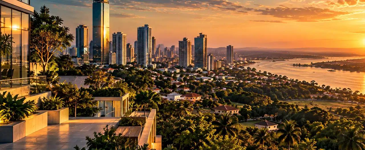 Paisagem imobiliária ilustrativa por IA para a página Apartamentos à venda em Ciudad del Este: guia e imobiliárias | InmueblesPY; não representa imóvel anunciado