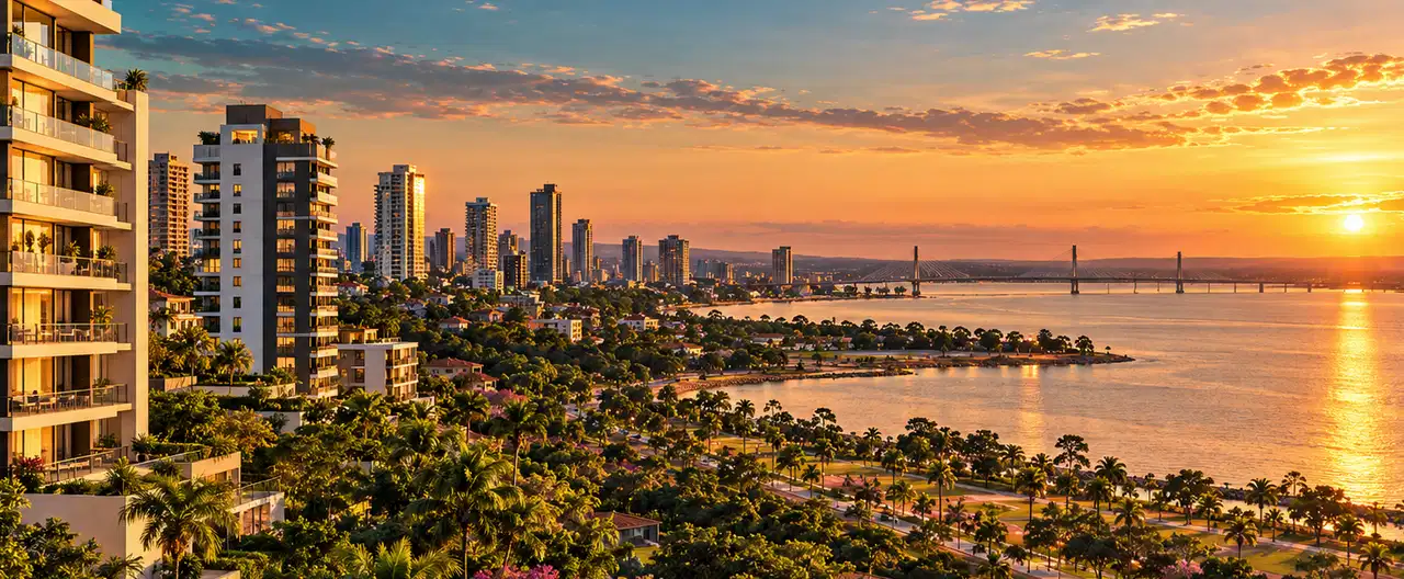 Paisagem imobiliária ilustrativa por IA para a página Apartamentos à venda em Coronel Oviedo: guia e imobiliárias | InmueblesPY; não representa imóvel anunciado