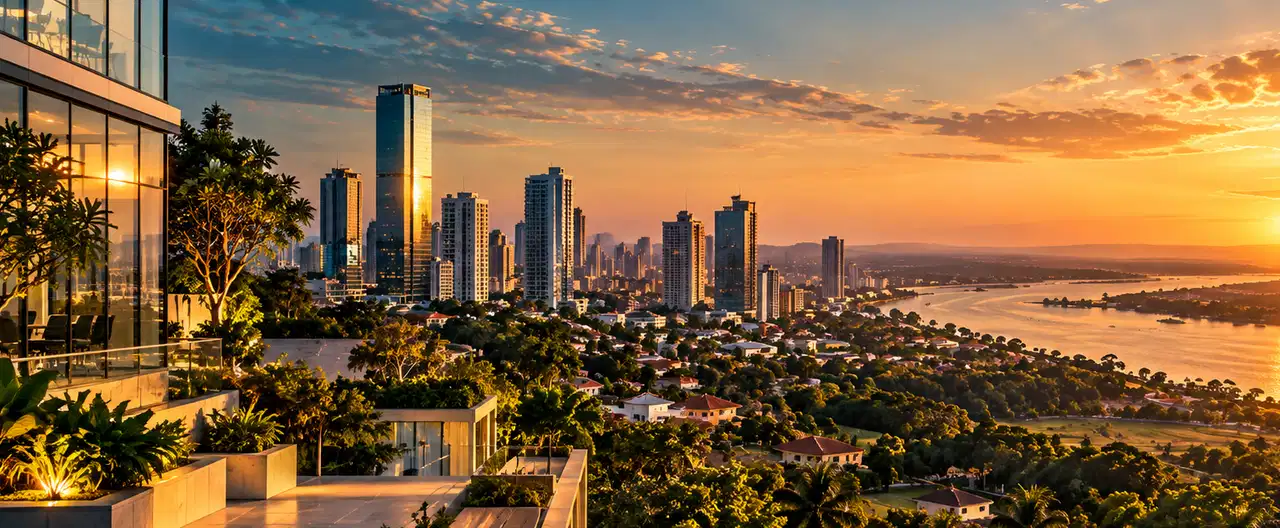 Paisagem imobiliária ilustrativa por IA para a página Apartamentos à venda em Curuguaty: guia e imobiliárias | InmueblesPY; não representa imóvel anunciado
