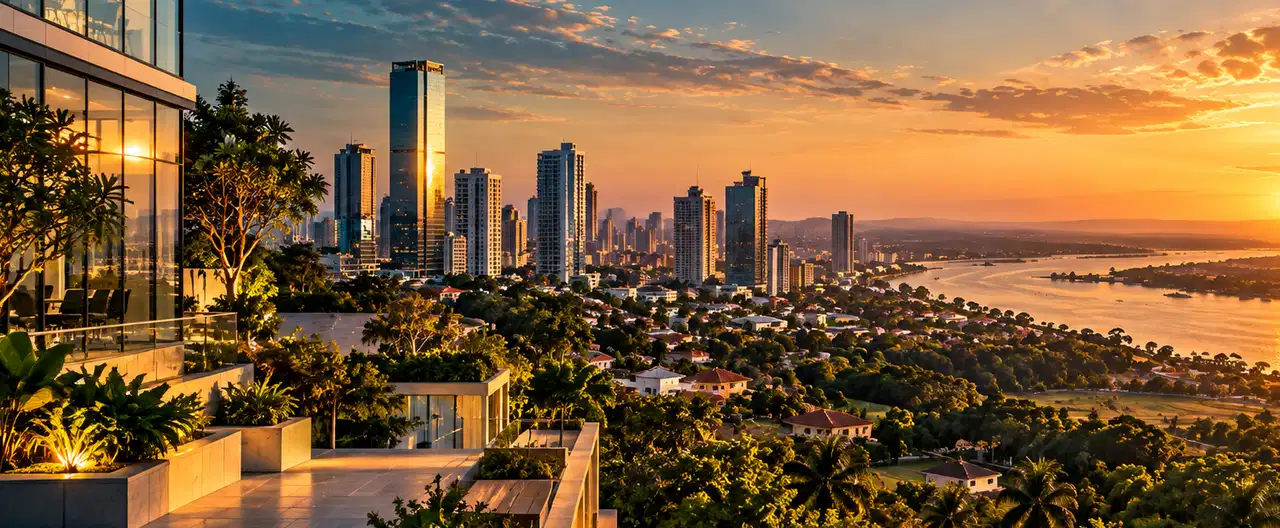 Paisagem imobiliária ilustrativa por IA para a página Apartamentos à venda em Doctor Juan Manuel Frutos: guia e imobiliárias | InmueblesPY; não representa imóvel anunciado