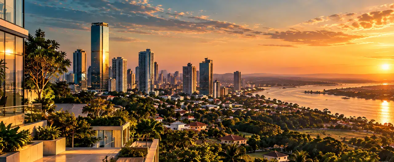 Paisagem imobiliária ilustrativa por IA para a página Apartamentos à venda em Emboscada: guia e imobiliárias | InmueblesPY; não representa imóvel anunciado