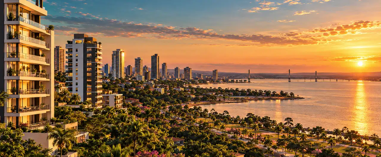 Paisagem imobiliária ilustrativa por IA para a página Apartamentos à venda em Filadelfia: guia e imobiliárias | InmueblesPY; não representa imóvel anunciado