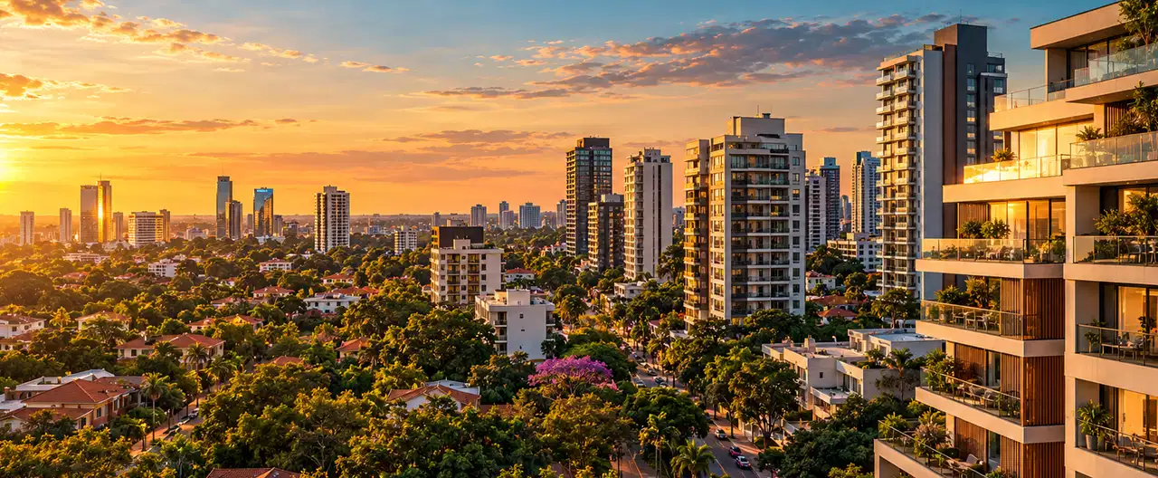 Paisagem imobiliária ilustrativa por IA para a página Apartamentos à venda em Fram: guia e imobiliárias | InmueblesPY; não representa imóvel anunciado