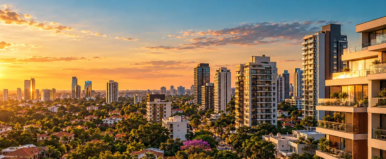 Paisagem imobiliária ilustrativa por IA para a página Apartamentos à venda em Fulgencio Yegros: guia e imobiliárias | InmueblesPY; não representa imóvel anunciado