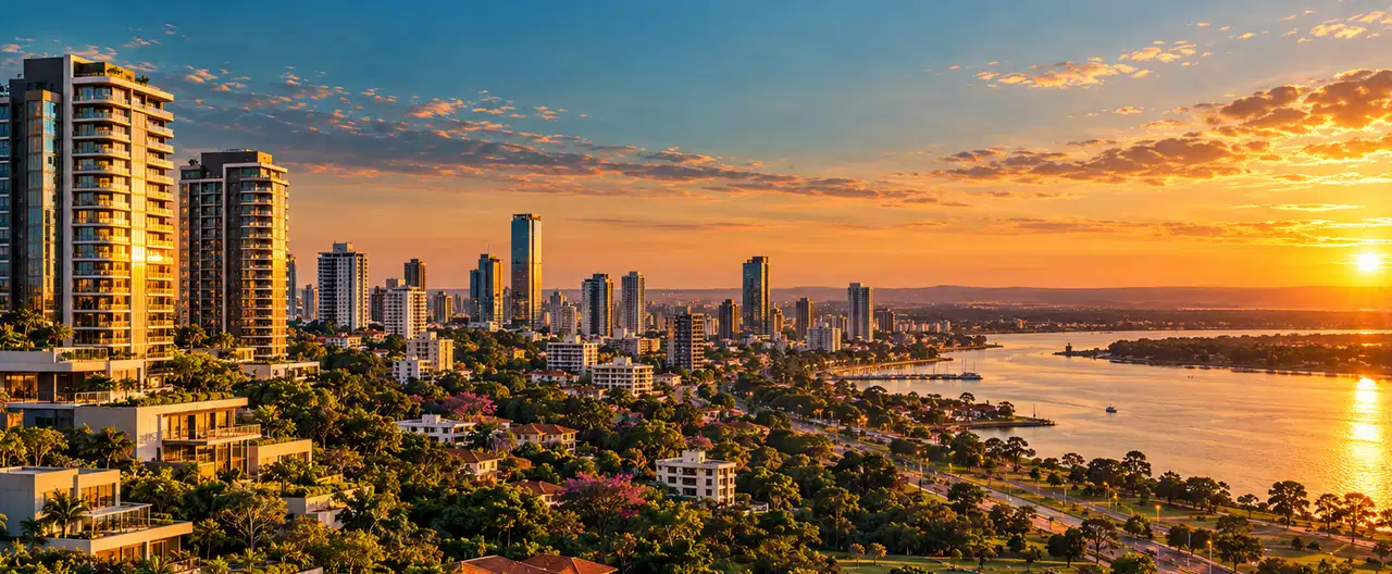 Paisagem imobiliária ilustrativa por IA para a página Apartamentos à venda em General Álvarez: guia e imobiliárias | InmueblesPY; não representa imóvel anunciado