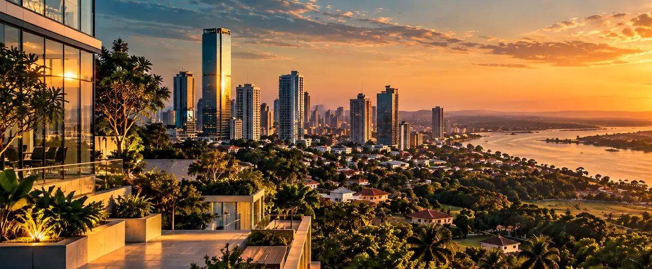 Paisagem imobiliária ilustrativa por IA para a página Apartamentos à venda em General Artigas: guia e imobiliárias | InmueblesPY; não representa imóvel anunciado