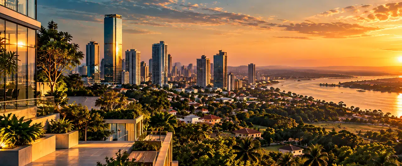 Paisagem imobiliária ilustrativa por IA para a página Apartamentos à venda em Guayaibí: guia e imobiliárias | InmueblesPY; não representa imóvel anunciado