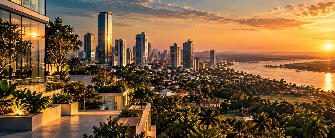 Paisagem imobiliária ilustrativa por IA para a página Apartamentos à venda em Hohenau: guia e imobiliárias | InmueblesPY; não representa imóvel anunciado