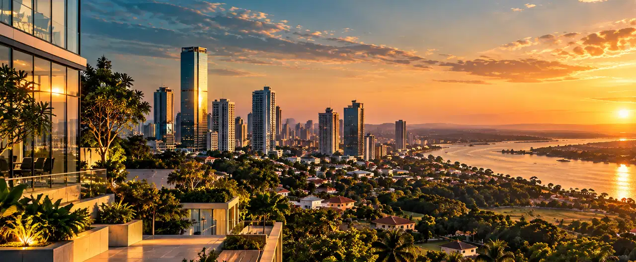 Paisagem imobiliária ilustrativa por IA para a página Apartamentos à venda em Isla Pucú: guia e imobiliárias | InmueblesPY; não representa imóvel anunciado
