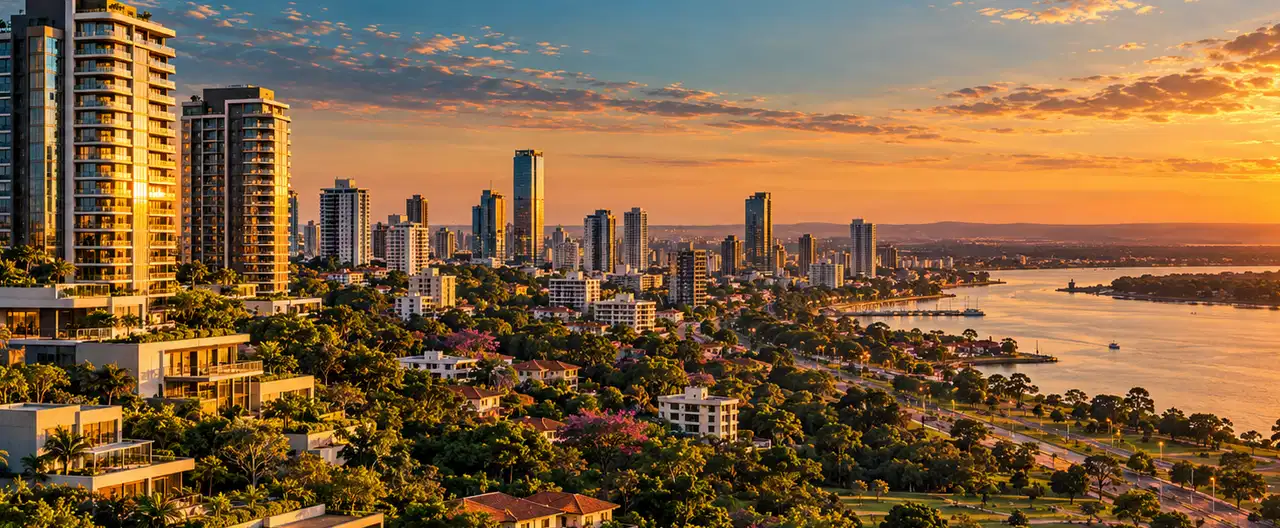 Paisagem imobiliária ilustrativa por IA para a página Apartamentos à venda em Itacurubí del Rosario: guia e imobiliárias | InmueblesPY; não representa imóvel anunciado