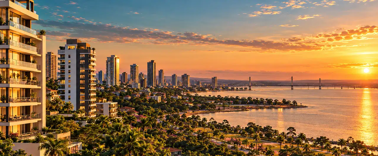 Paisagem imobiliária ilustrativa por IA para a página Apartamentos à venda em Juan de Mena: guia e imobiliárias | InmueblesPY; não representa imóvel anunciado