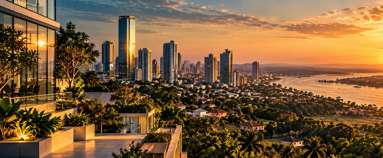 Paisagem imobiliária ilustrativa por IA para a página Apartamentos à venda em La Colmena: guia e imobiliárias | InmueblesPY; não representa imóvel anunciado