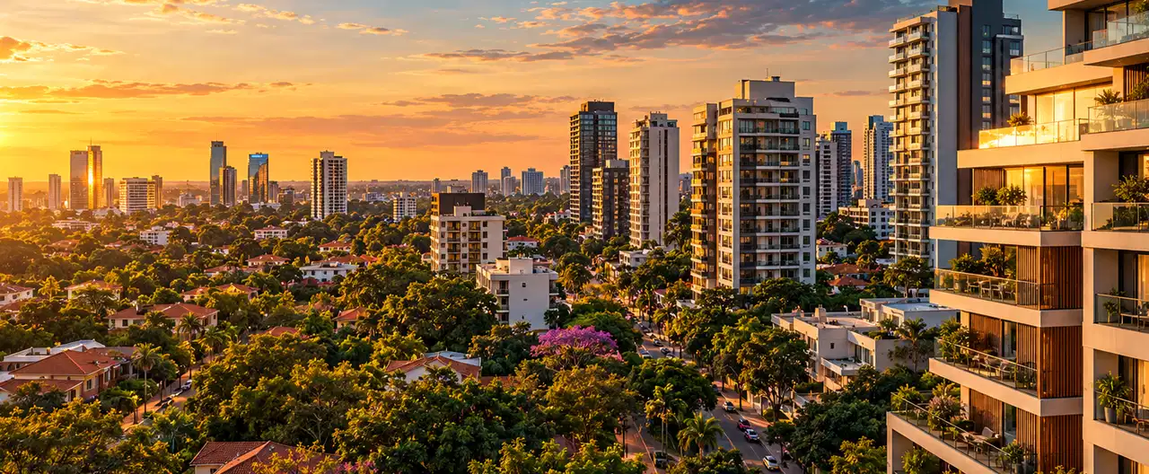 Paisagem imobiliária ilustrativa por IA para a página Apartamentos à venda em Liberación: guia e imobiliárias | InmueblesPY; não representa imóvel anunciado