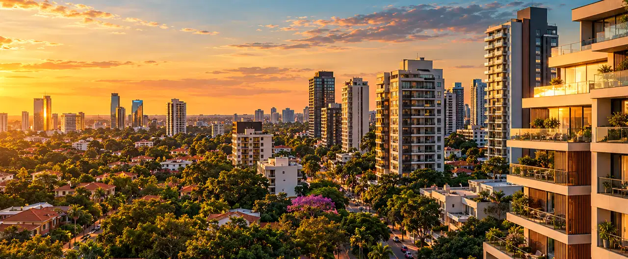 Paisagem imobiliária ilustrativa por IA para a página Apartamentos à venda em Lima: guia e imobiliárias | InmueblesPY; não representa imóvel anunciado
