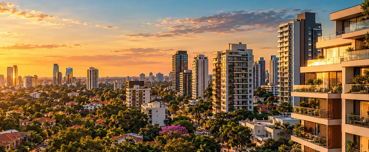 Paisagem imobiliária ilustrativa por IA para a página Apartamentos à venda em Limpio: guia e imobiliárias | InmueblesPY; não representa imóvel anunciado