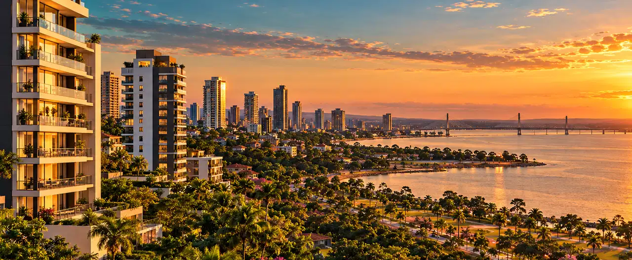 Paisagem imobiliária ilustrativa por IA para a página Apartamentos à venda em Mayor Otaño: guia e imobiliárias | InmueblesPY; não representa imóvel anunciado
