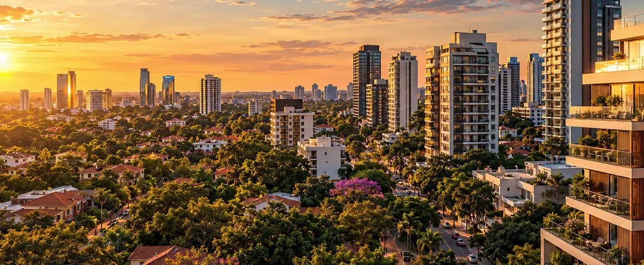 Paisagem imobiliária ilustrativa por IA para a página Apartamentos à venda em Mbaracayú: guia e imobiliárias | InmueblesPY; não representa imóvel anunciado