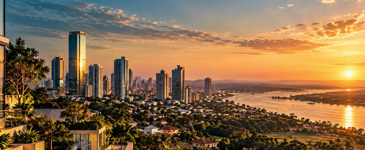 Paisagem imobiliária ilustrativa por IA para a página Apartamentos à venda em Minga Guazú: guia e imobiliárias | InmueblesPY; não representa imóvel anunciado