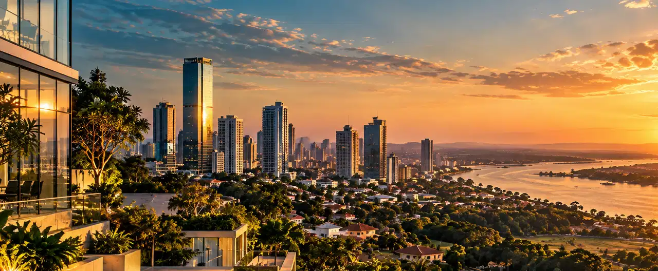 Paisagem imobiliária ilustrativa por IA para a página Apartamentos à venda em Nanawa: guia e imobiliárias | InmueblesPY; não representa imóvel anunciado