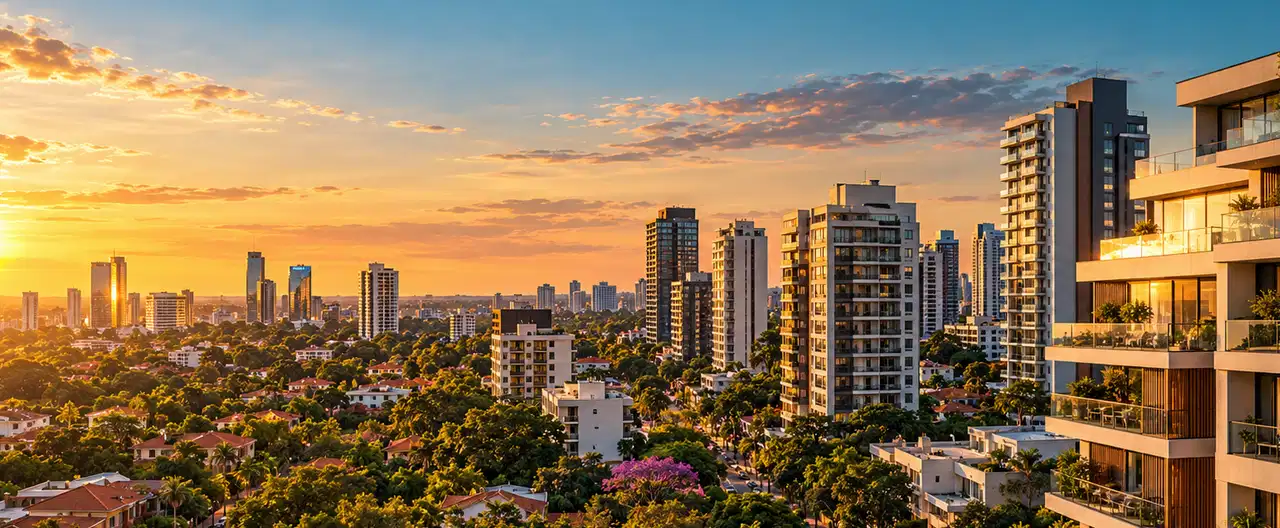 Paisagem imobiliária ilustrativa por IA para a página Apartamentos à venda em Naranjal: guia e imobiliárias | InmueblesPY; não representa imóvel anunciado
