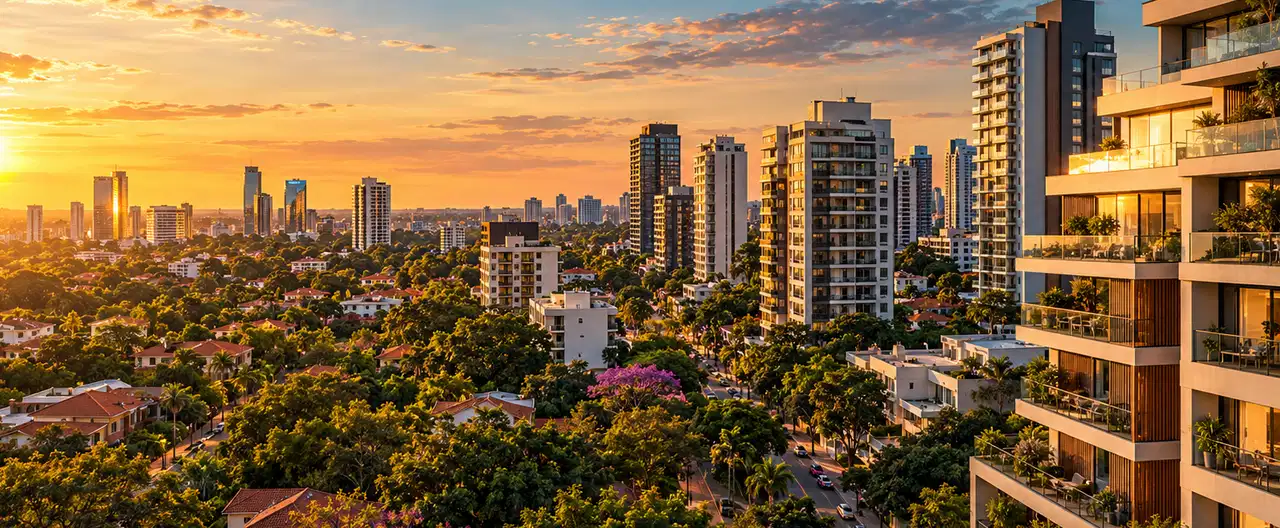 Paisagem imobiliária ilustrativa por IA para a página Apartamentos à venda em Nueva Esperanza: guia e imobiliárias | InmueblesPY; não representa imóvel anunciado