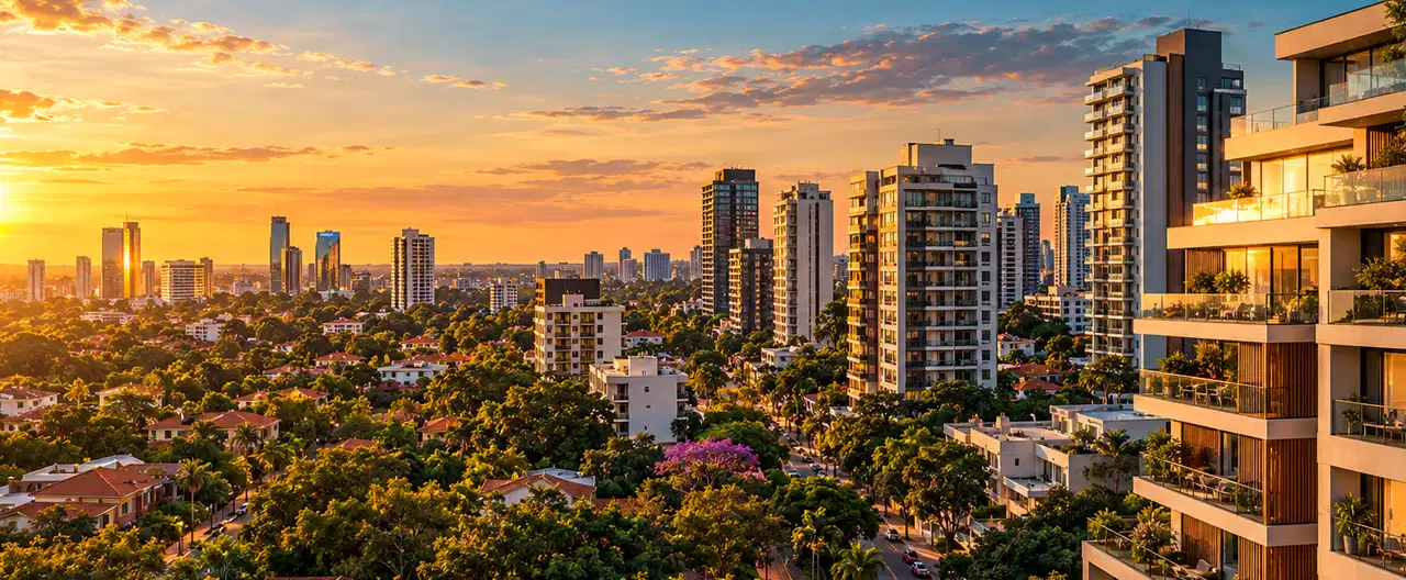 Paisagem imobiliária ilustrativa por IA para a página Apartamentos à venda em Nueva Germania: guia e imobiliárias | InmueblesPY; não representa imóvel anunciado