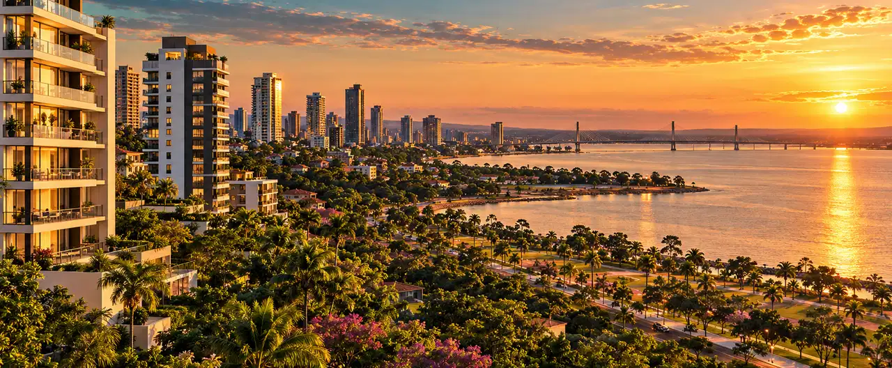 Paisagem imobiliária ilustrativa por IA para a página Apartamentos à venda em Paso Yobái: guia e imobiliárias | InmueblesPY; não representa imóvel anunciado