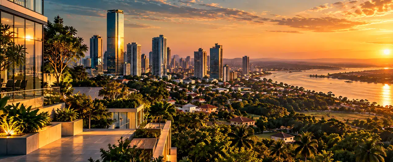Paisagem imobiliária ilustrativa por IA para a página Apartamentos à venda em Puerto Casado: guia e imobiliárias | InmueblesPY; não representa imóvel anunciado