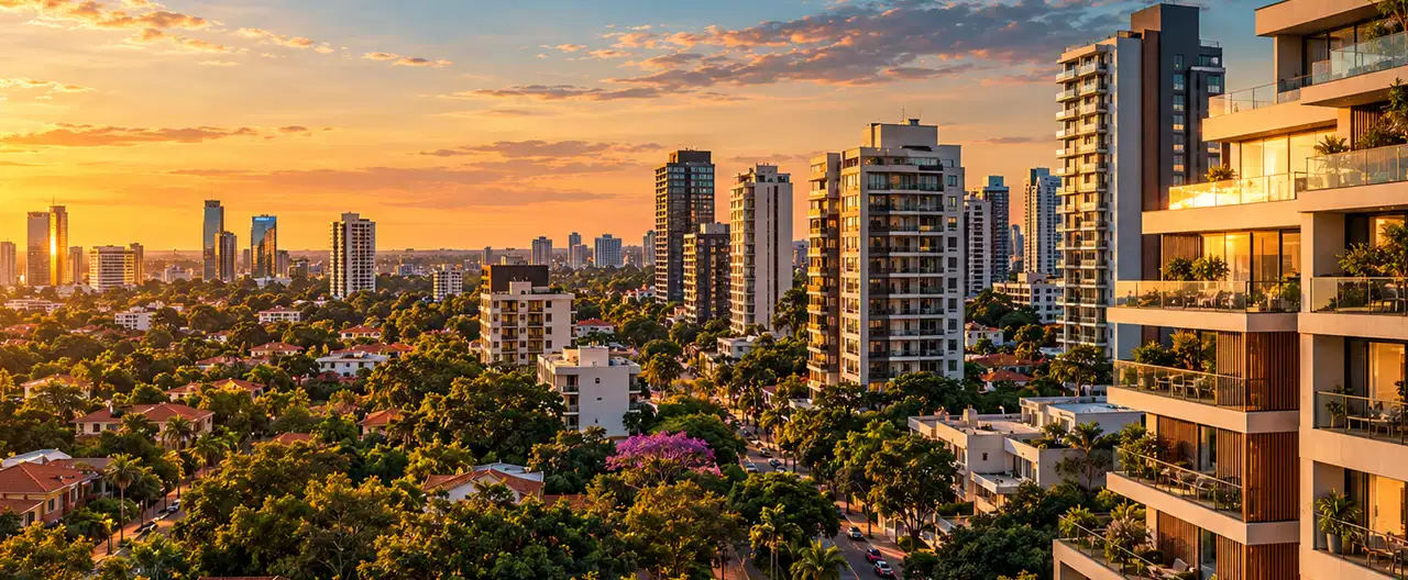Paisagem imobiliária ilustrativa por IA para a página Apartamentos à venda em San Alberto: guia e imobiliárias | InmueblesPY; não representa imóvel anunciado