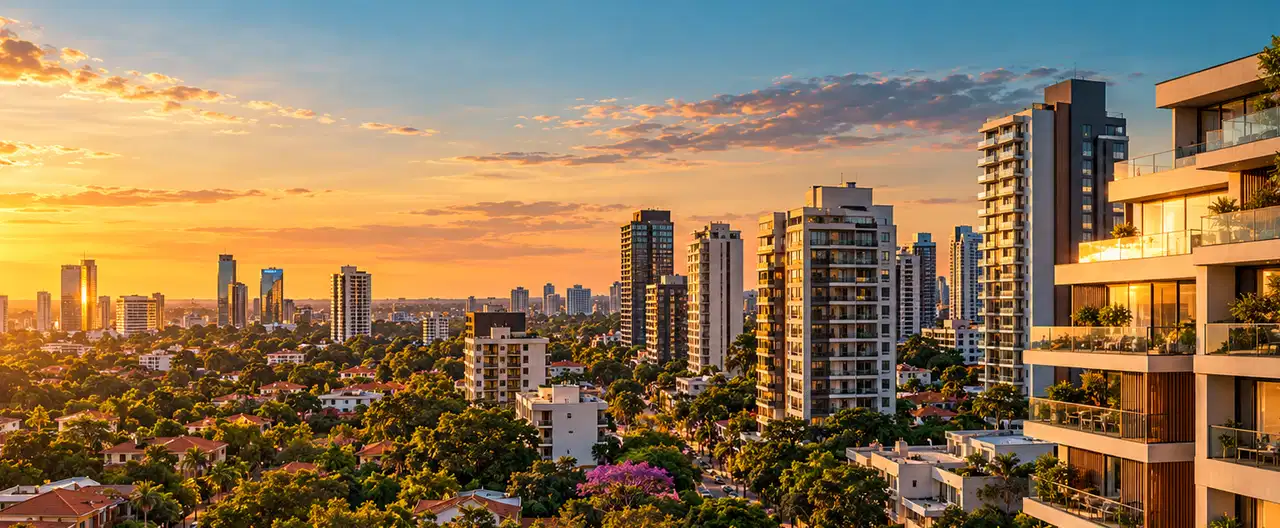 Paisagem imobiliária ilustrativa por IA para a página Apartamentos à venda em San Cosme y Damián: guia e imobiliárias | InmueblesPY; não representa imóvel anunciado